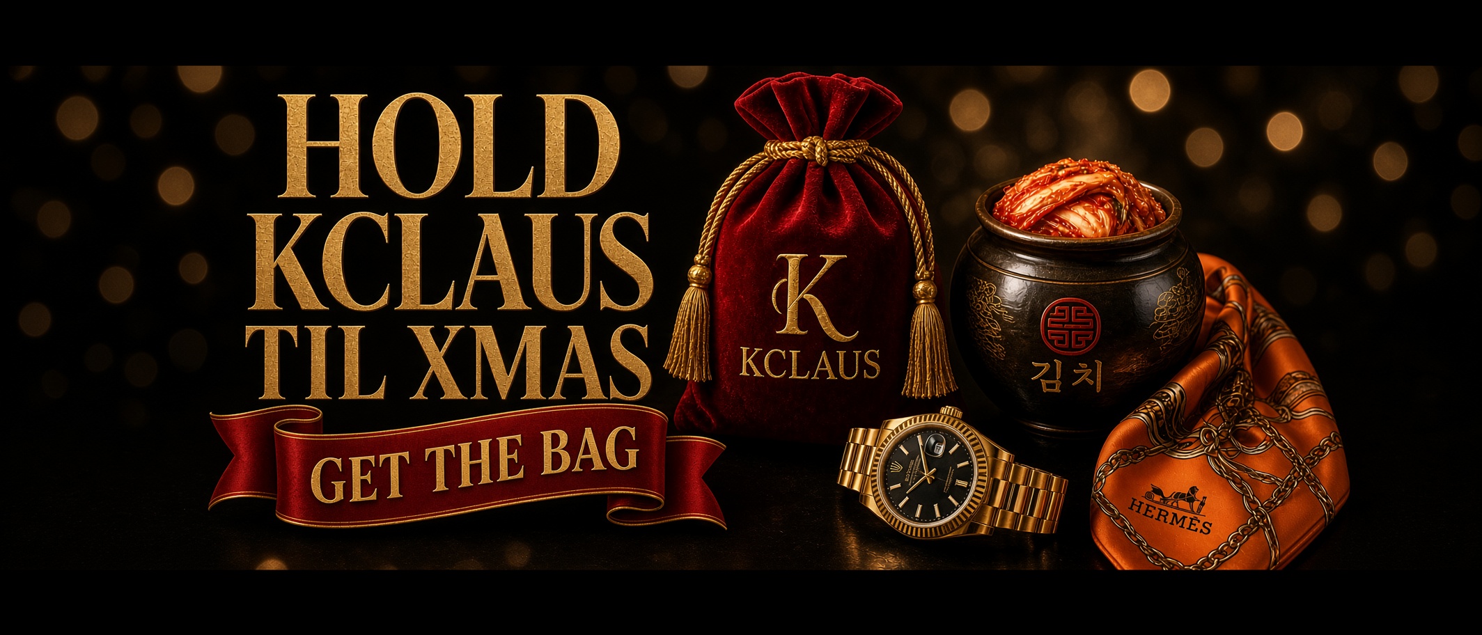 Hold KCLAUS till Xmas, get the bag — red velvet, gold watch and traditional kimchi