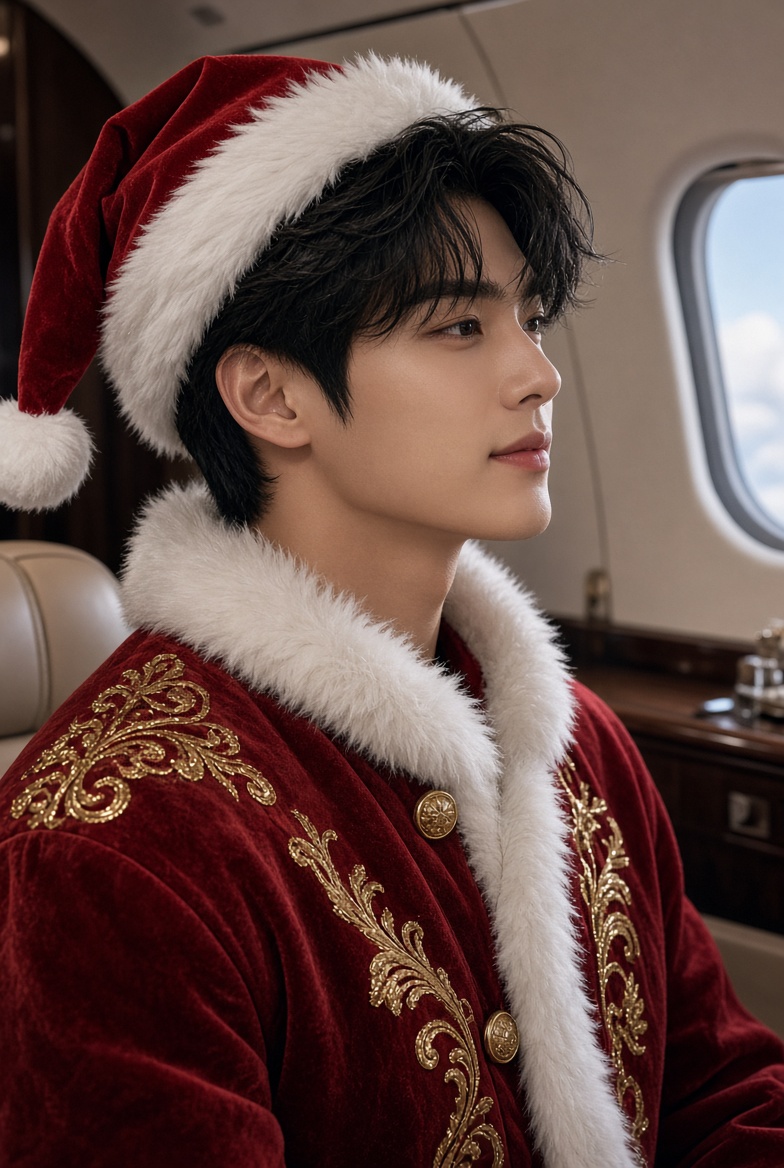 Kimchi Claus character in an embroidered velvet holiday coat