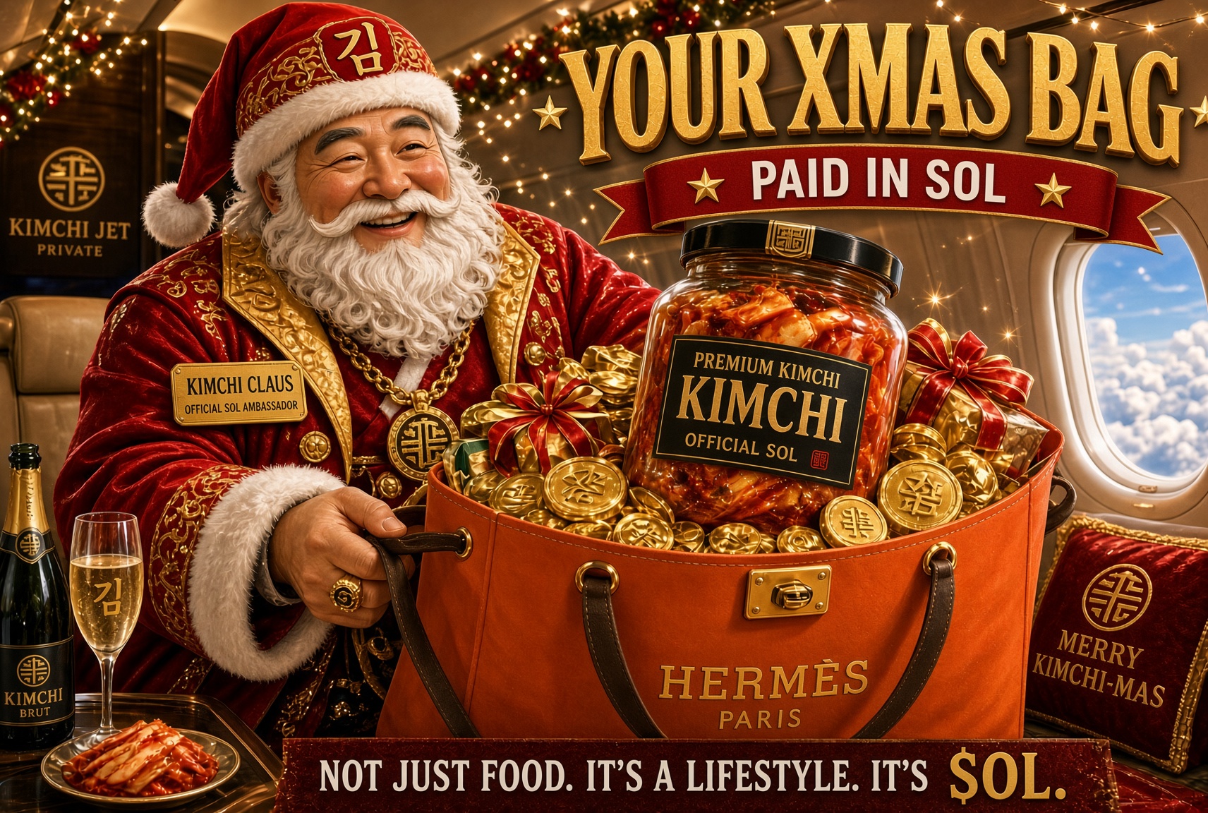 Kimchi Claus aboard a luxury holiday jet with a Christmas bag paid in SOL